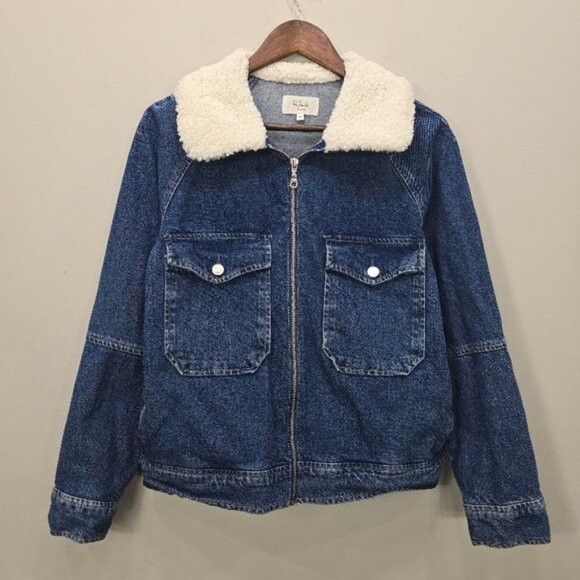 Rails Cheyenne Faux Shearling Collar Denim Zip Up Utility Jacket M Pockets - Picture 1 of 7